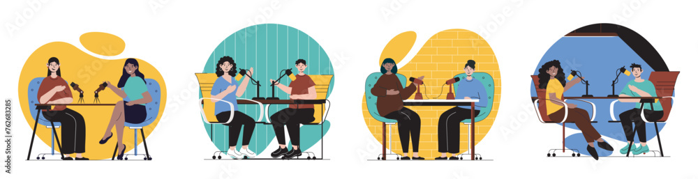 Poster podcast concept with people scenes set in flat web design. bundle of character situations with men a