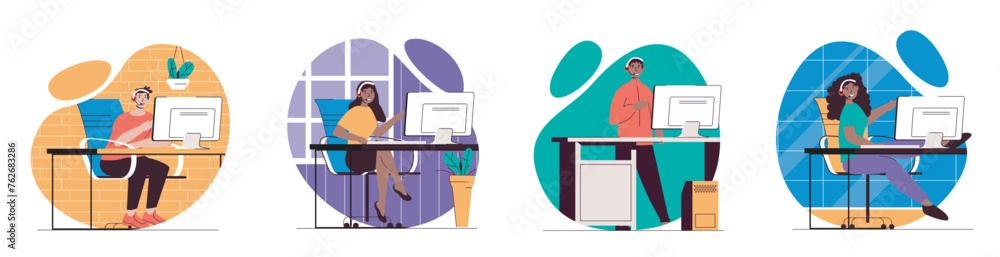 Poster support center concept with people scenes set in flat web design. bundle of character situations wit