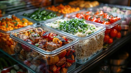 A fridge filled with clear containers of batch-cooked whole foods--brown rice, roasted vegetables, and grilled chicken--ready for mixing and matching into balanced meals throughout the week  - obrazy, fototapety, plakaty
