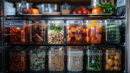 A fridge filled with clear containers of batch-cooked whole foods--brown rice, roasted vegetables, and grilled chicken--ready for mixing and matching into balanced meals throughout the week  - obrazy, fototapety, plakaty