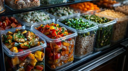 A fridge filled with clear containers of batch-cooked whole foods--brown rice, roasted vegetables, and grilled chicken--ready for mixing and matching into balanced meals throughout the week - obrazy, fototapety, plakaty