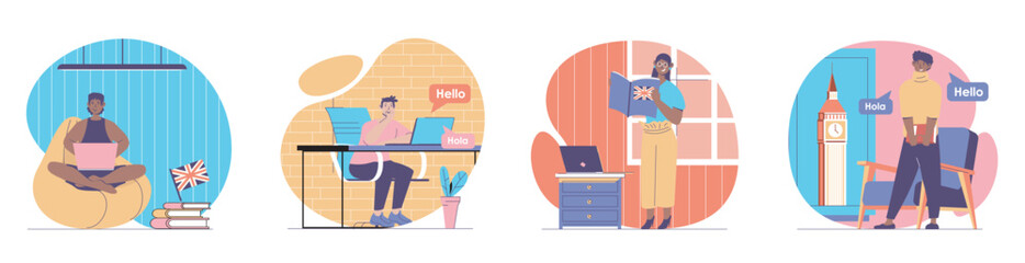 Language courses concept with people scenes set in flat web design. Bundle of character situations with students learning english and spanish at online educational classes. Vector illustrations. - obrazy, fototapety, plakaty