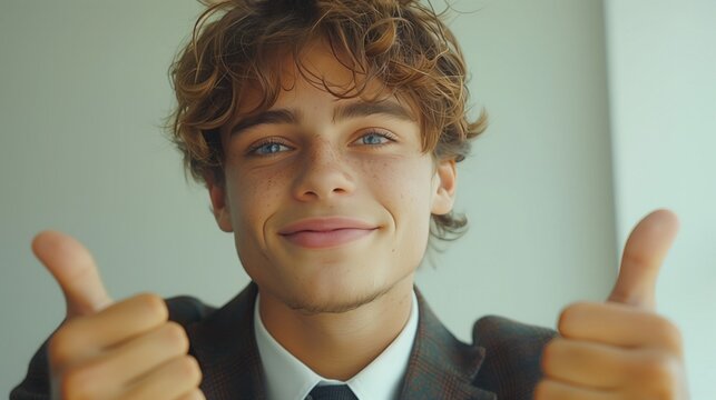 High School man, a stylish young man in a school uniform, scool suit,studying, smile, happy and thumbs up
