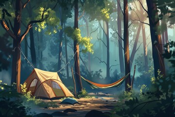 Relaxing in the forest at a campsite, a hanging hammock hangs on the trees near the tents in the rays of the setting sun - obrazy, fototapety, plakaty