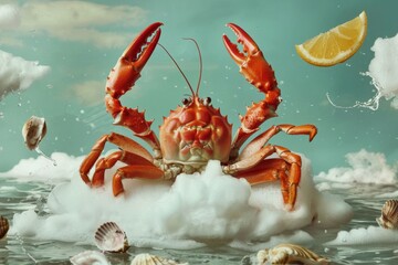 Red crab with lemons on a foamy sea - A vibrant image featuring a red crab centralised amidst lemons and seashells with a dynamic background of foam and sea