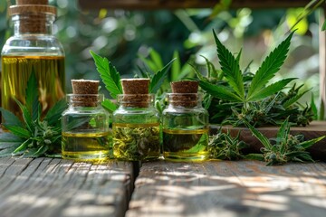 Cosmetic essence from the Cannabis plant, bottles with essence next to Cannabis leaves
