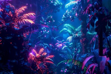 Fototapeta na wymiar Lush Neon Lit Tropical Jungle at Night - A vibrant image capturing a neon-lit tropical jungle with an ethereal and mysterious glow in the nighttime