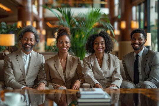 portrait of team of diverse people, office dressed, in a modern tropical hotel lobby setting, photo realistic