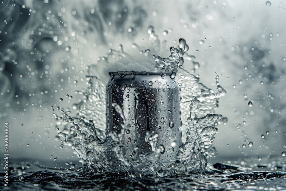 Poster chilled can in dynamic water splash - a monochromatic scene capturing a canned beverage surrounded b