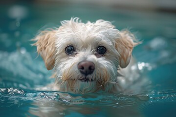 White dog swimming in the pool. Happy white puppy, white and aquamarine water
