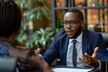 African American accountant advising people on financial business