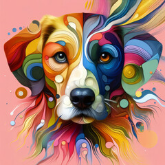 A vibrant and colorful digital artwork of dog’s face, combining realism with abstract elements. The dog’s face is intricately detailed with various colors and shapes, fusion of reality and fantasy
