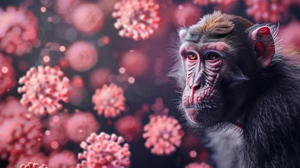 Zelfklevend Fotobehang Monkeypox Virus. Virology 3D Render ,infectious zoonotic disease, monkey pox vaccination concept,Patient with Monkey Pox. Painful rash, red spots blisters on the hand,Futuristic monkey pox virus conce © Guru