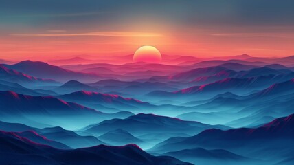 Sunset over layered mountain landscape - A serene digital art landscape depicting the warm glow of a sunset over a succession of mountain ranges - obrazy, fototapety, plakaty