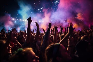 Side view of a crowd of people at a concert raising hands up surrounded with neon lights and colorful smoke - obrazy, fototapety, plakaty