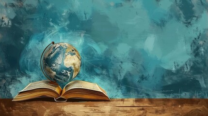 watercolor illustration, World Book and Copyright Day, planet earth on an open book, vintage style, copy space, place for text