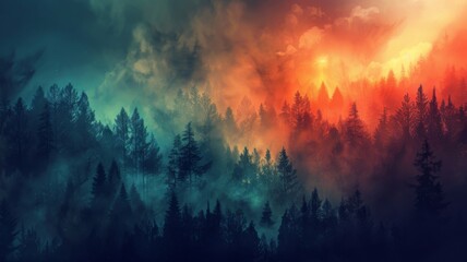 Mystical forest with sunset clouds - A digital composition of a dense forest shrouded in mystic fog under a dramatic sunset sky - obrazy, fototapety, plakaty