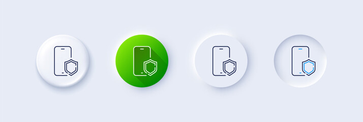 Phone protect line icon. Neumorphic, Green gradient, 3d pin buttons. Smartphone app sign. Cellphone mobile device symbol. Line icons. Neumorphic buttons with outline signs. Vector