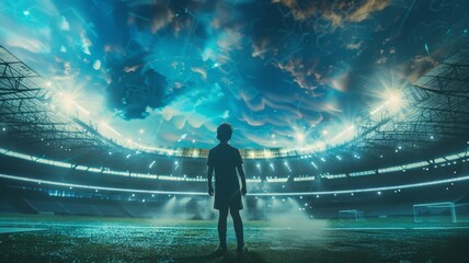 Futuristic Soccer Stadium with Player - An athlete stands in a grand, futuristic soccer stadium underneath a dynamic, surreal sky, conveying anticipation and ambition