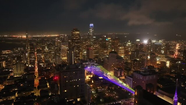 Aerial video of the city of San Francisco at night. USA