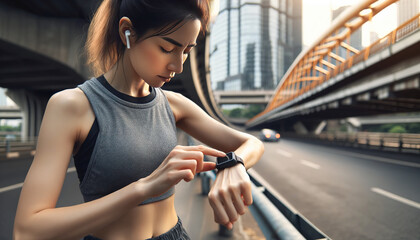 Photo of a female runner adjusting her earphones and smartwatch as she prepares for a run, with an urban bridge in the background. Shes in sportswear, ready to start her workout - Powered by Adobe