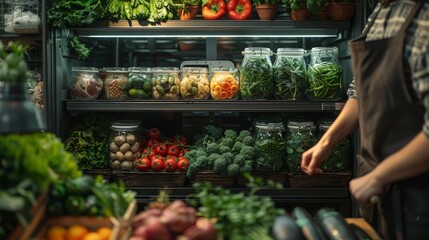 A kitchen scene where a person arranges their weekly grocery haul in the fridge, placing emphasis on organic produce and ethical meat choices, reflecting a holistic approach to balanced eating  - obrazy, fototapety, plakaty