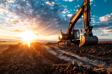 Foto op Canvas quarry excavator loading ore at sunset © Olha