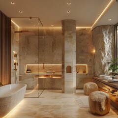 A luxurious spa bathroom where the white walls are complemented by soft, ambient lighting and natural stone elements, creating a sanctuary for relaxation and rejuvenation 