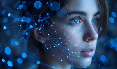 Human face on abstract dark background. Artificial intelligence, information, data, robot concept.