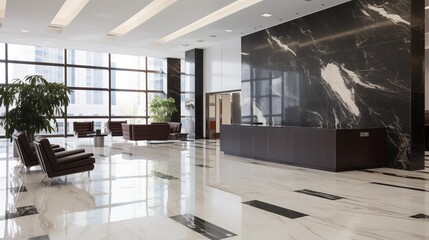 High-rise office building lobby with whites and black polished granite accents.