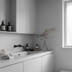 A minimalist bathroom with smooth, white walls and hidden storage, showcasing a clutter-free environment that emphasizes the beauty of simplicity and functional design 
