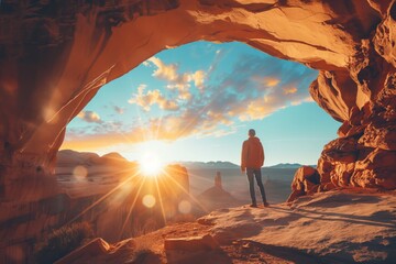 Man standing in the middle of a desert near a rock arch with the sun shining through the arch in the distance, with a mountain in the background.  - obrazy, fototapety, plakaty