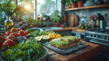 A morning routine captured in a kitchen where a person sifts through their fridge for avocado and whole grain bread, planning a nutritious, balanced breakfast to kickstart their day 
