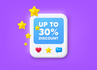 Social media post 3d frame. Up to 30 percent discount. Sale offer price sign. Special offer symbol. Save 30 percentages. Discount tag message frame. Photo banner with stars. Vector