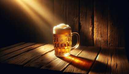 A classic still life scene with a frothy mug of beer on a wooden table, illuminated by warm sunlight