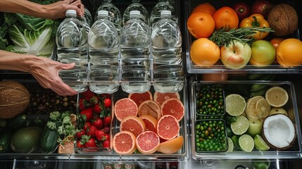 A person organizing their refrigerator with a focus on hydration, arranging bottles of water,...