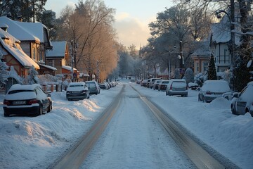 Morning Light on a Snowy Residential Street with Parked Cars