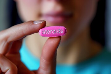 woman fingers holding a pill that has the "Steroids" word written in it	

