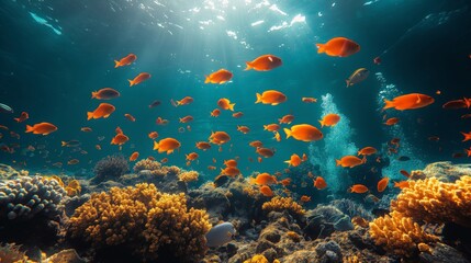 Fototapeta na wymiar A Serene Underwater Scene of Vibrant Marine Life Among Corals