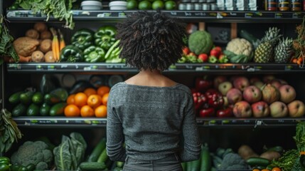 A person stands in front of an open refrigerator filled with colorful vegetables, fruits, lean proteins, and dairy products, contemplating their next healthy meal - obrazy, fototapety, plakaty