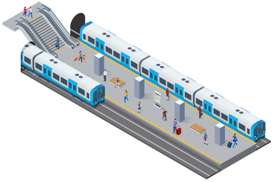 Isometric subway station platform. Included underground train, station. Subway station, railway rapid transit system, metro platform