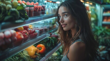 A persons reflection in the fridge light as they carefully choose ingredients for a smoothie, picking spinach, almond milk, and frozen berries - obrazy, fototapety, plakaty