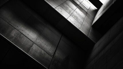 Monochrome image showcasing a dynamic contrast of light and shadows in a modern concrete structure