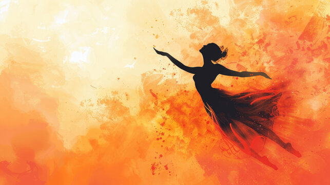 watercolor illustration, International Dance Day, silhouette of an elegant dancer in a long dress, fiery background, flames, vintage style, copy space, place for text