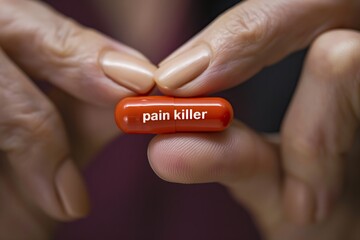 woman fingers holding a pill that has the "pain killer" word written in it