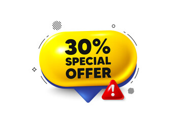 Offer speech bubble 3d icon. 30 percent discount offer tag. Sale price promo sign. Special offer symbol. Discount chat offer. Speech bubble danger alert banner. Text box balloon. Vector