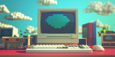 Classic computer with a pixelated game on screen, evoking nostalgia