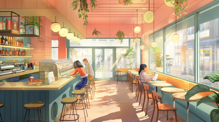 Warm afternoon light fills a vibrant cafe as patrons relax and savor their time - obrazy, fototapety, plakaty