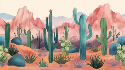 Artistic illustration of a tranquil desert scene with colorful mountains and various cacti