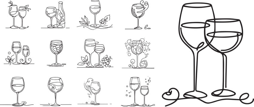 glass wine line art vector set